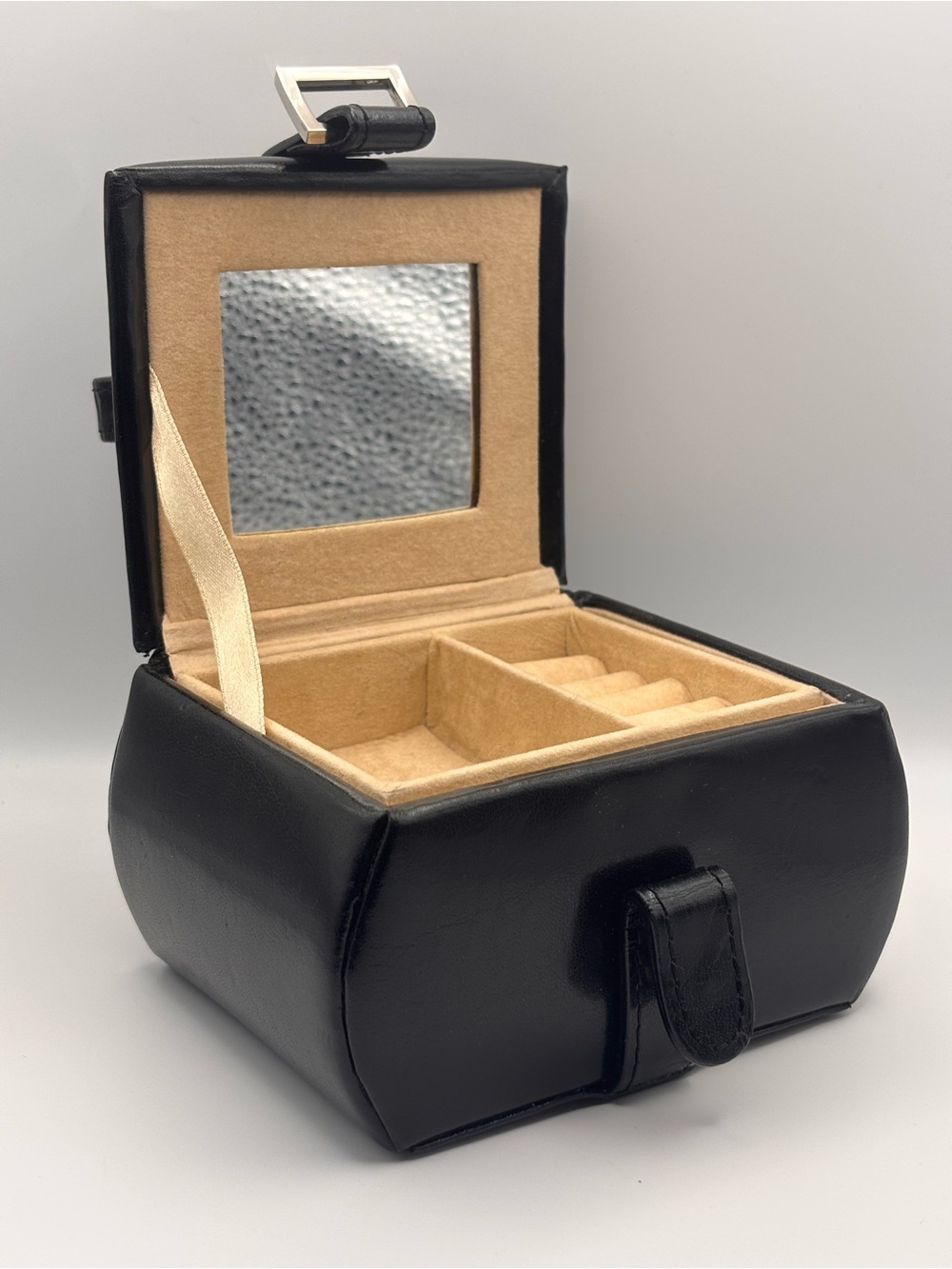Small Black Travel Jewelry Case, Bonded Leather Jewelry Box with Mirror